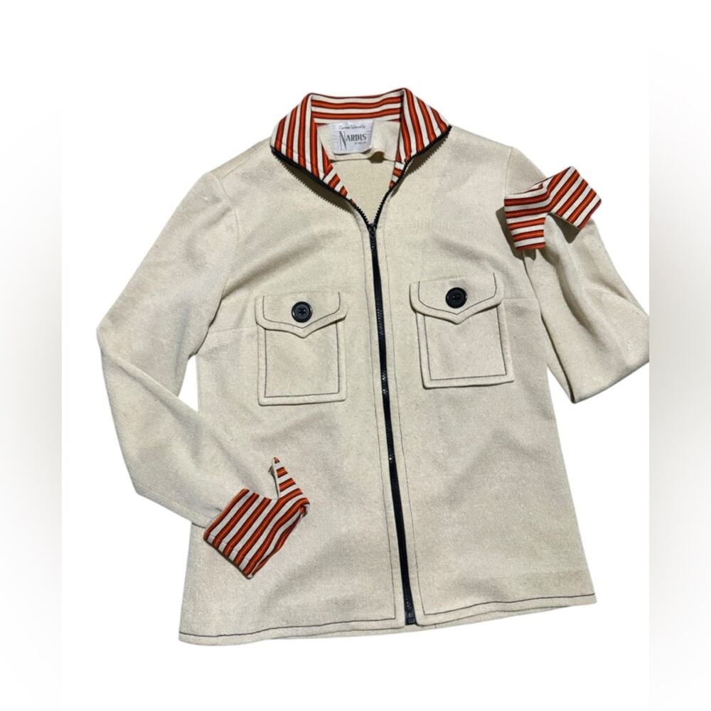 VTG Nardis of Dallas Zip Front Jacket Cream Knit Striped Collar Retro Mod 70s S